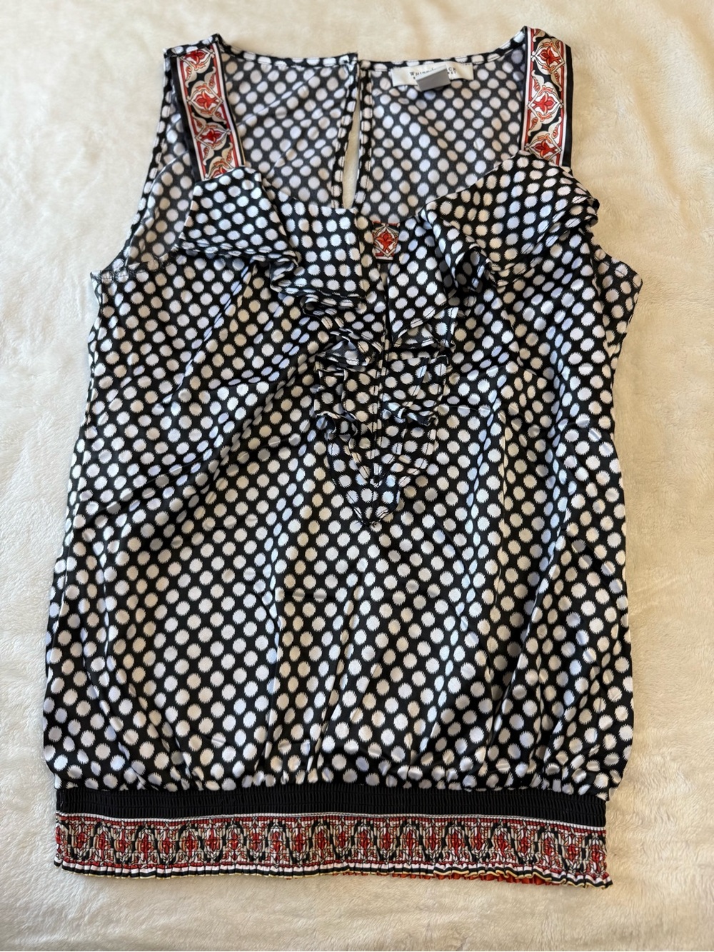 White House Black Market Black & White Polka Dot Ruffle Camisole with Trim